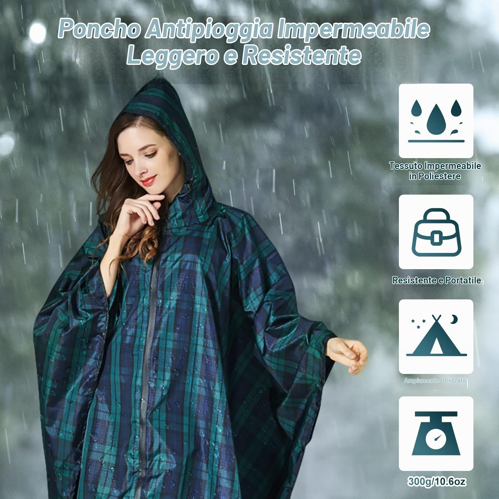 LAMA poncho antipioggia plaid verde con cappuccio