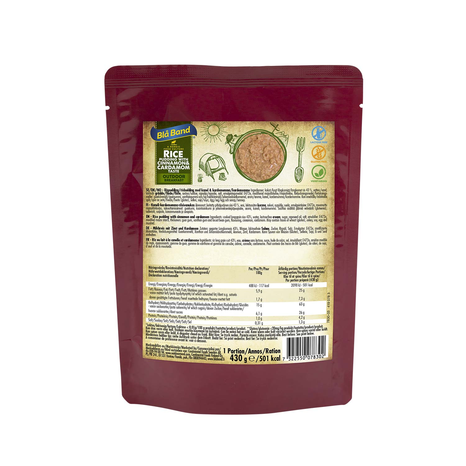Blå Band Rice Pudding Cannella pasto pronto 430g energetico