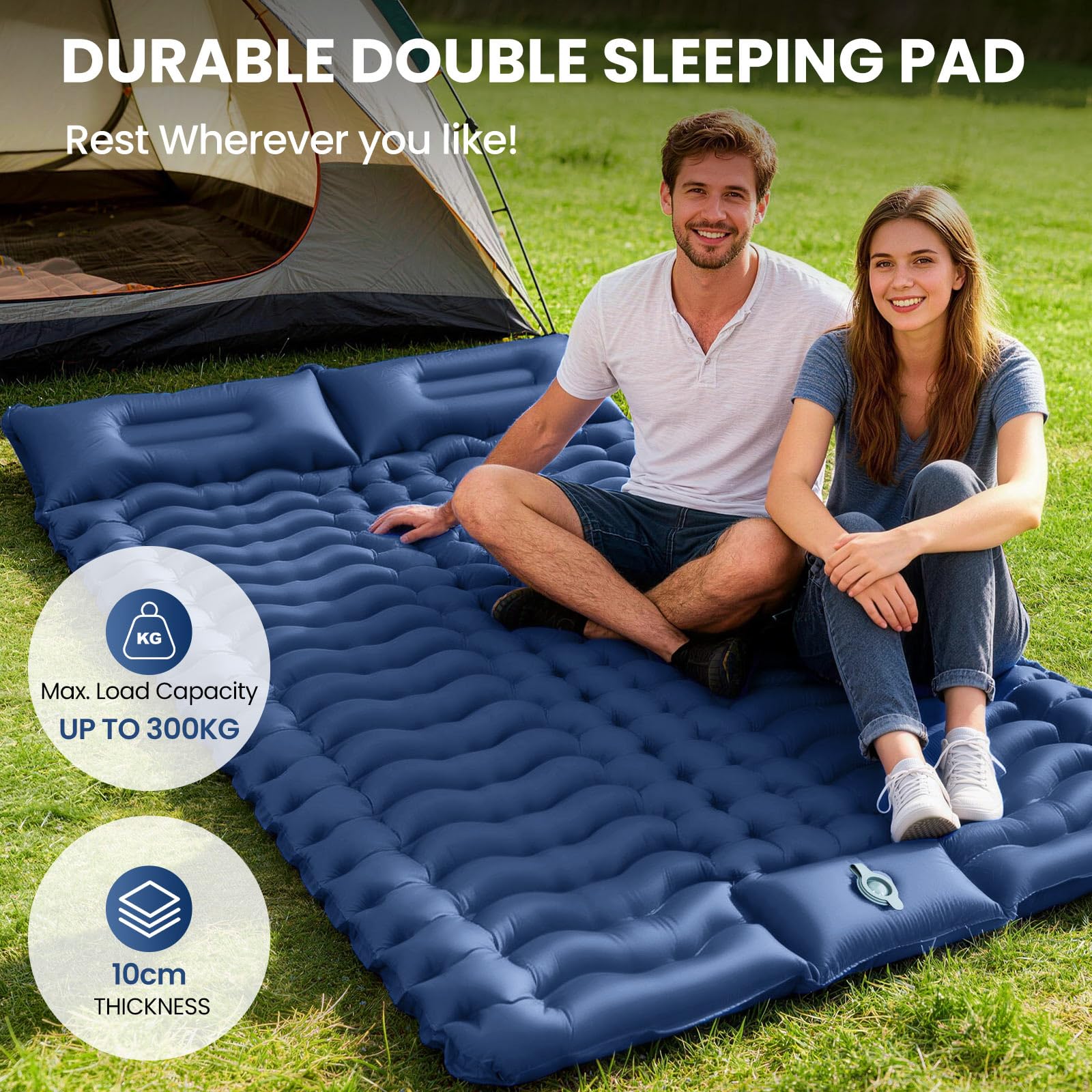 LAMA Doppio Materassino Campeggio Gonfiabile Blu Navy 195x125x10 cm