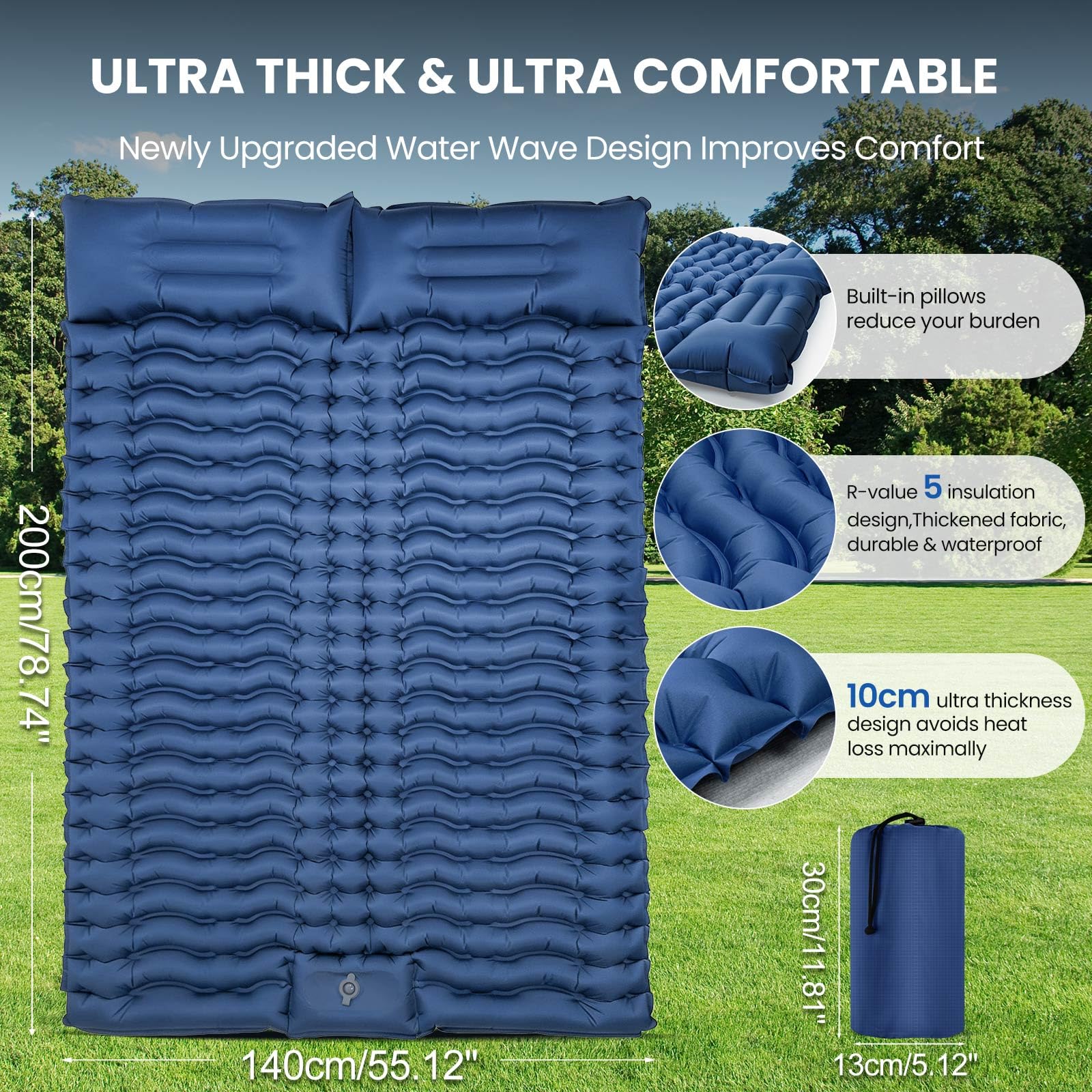 LAMA Doppio Materassino Campeggio Gonfiabile Blu Navy 195x125x10 cm