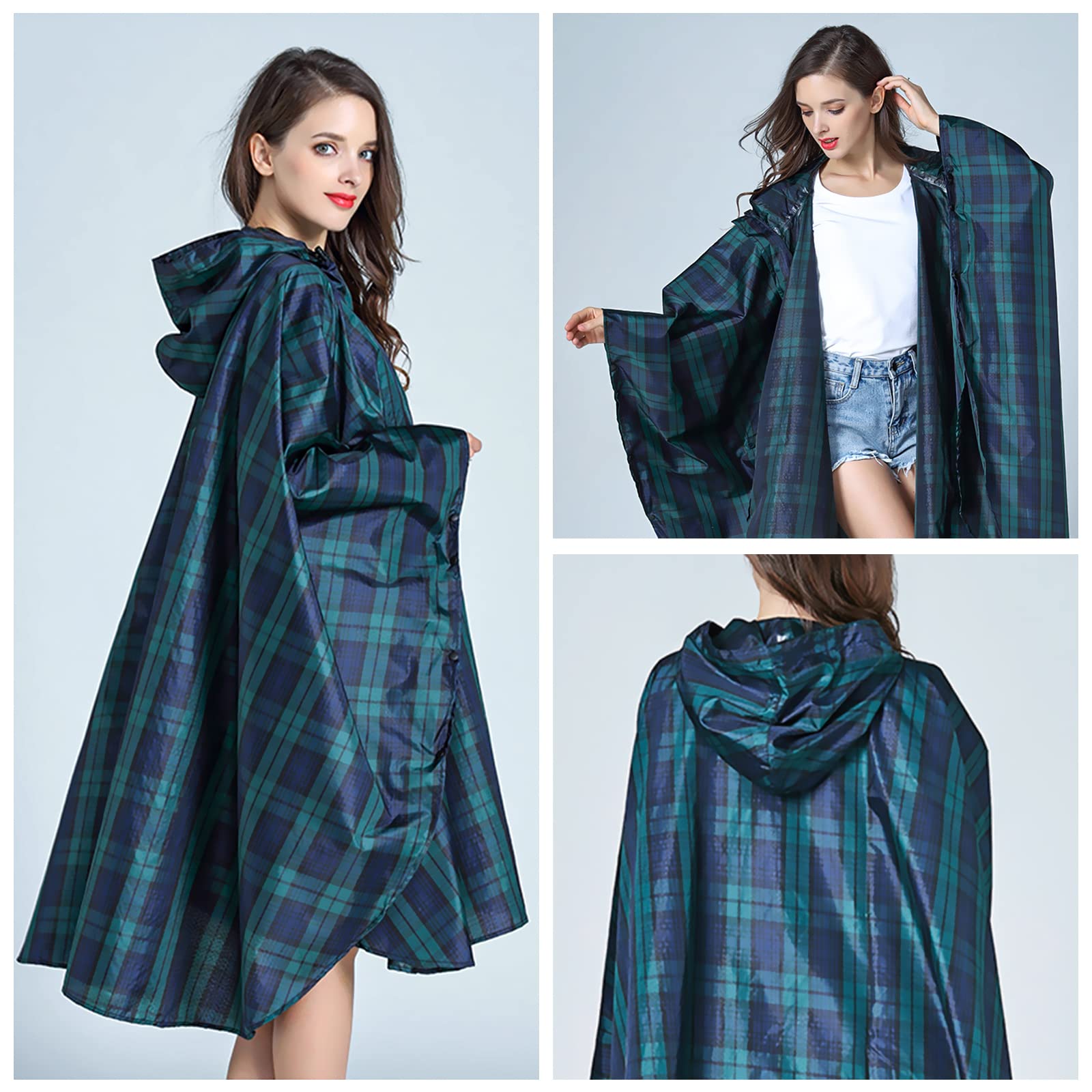 LAMA poncho antipioggia plaid verde con cappuccio