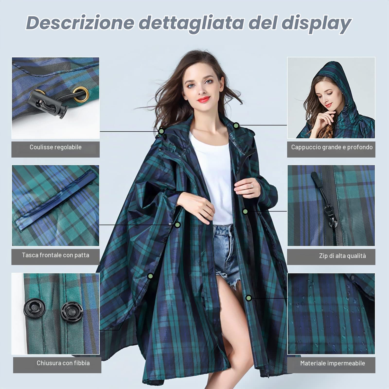 LAMA poncho antipioggia plaid verde con cappuccio
