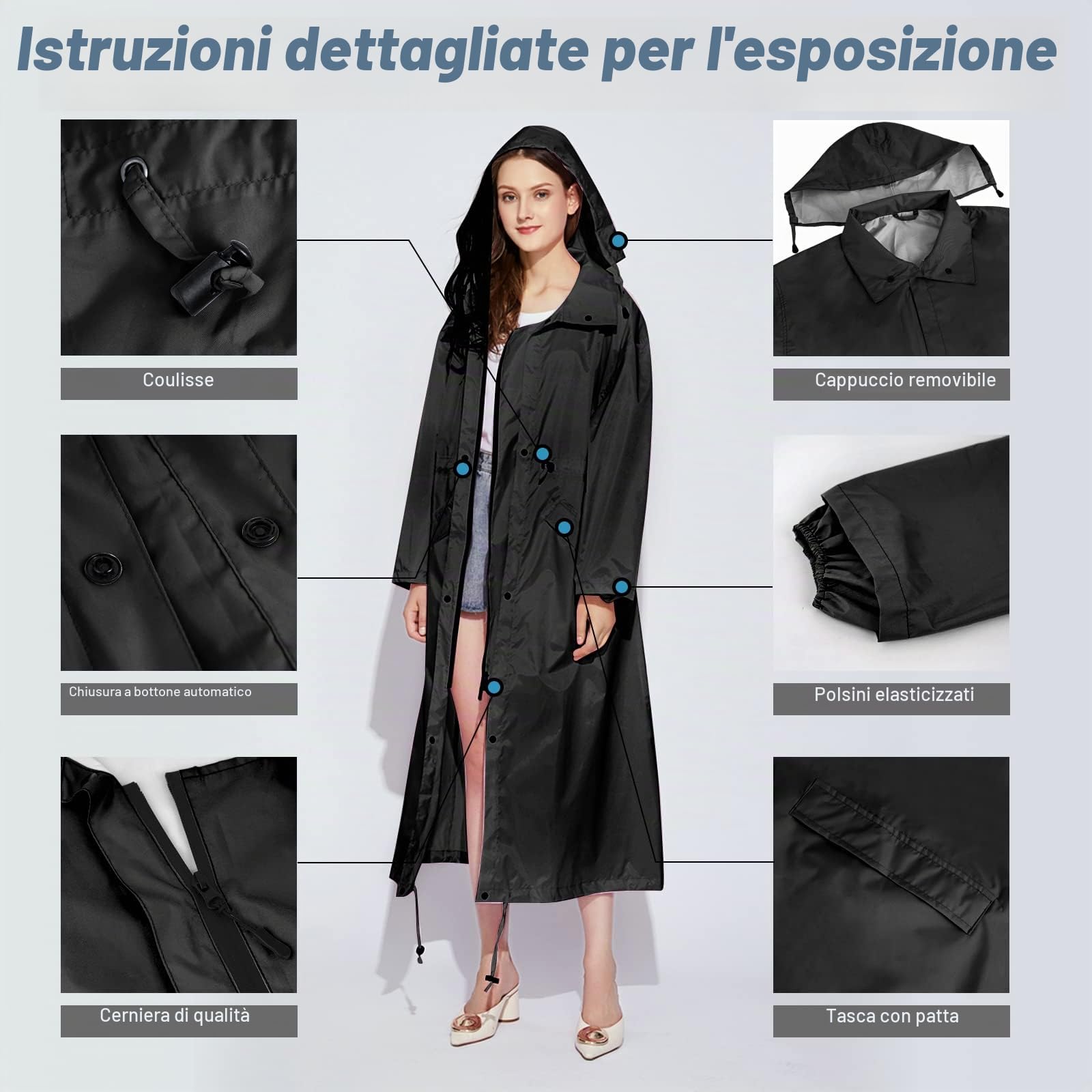 LAMA impermeabile lungo donna nero con cappuccio