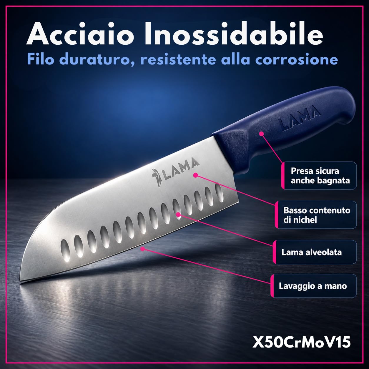 Lama Indaco 18 cm coltello santoku giapponese acciaio