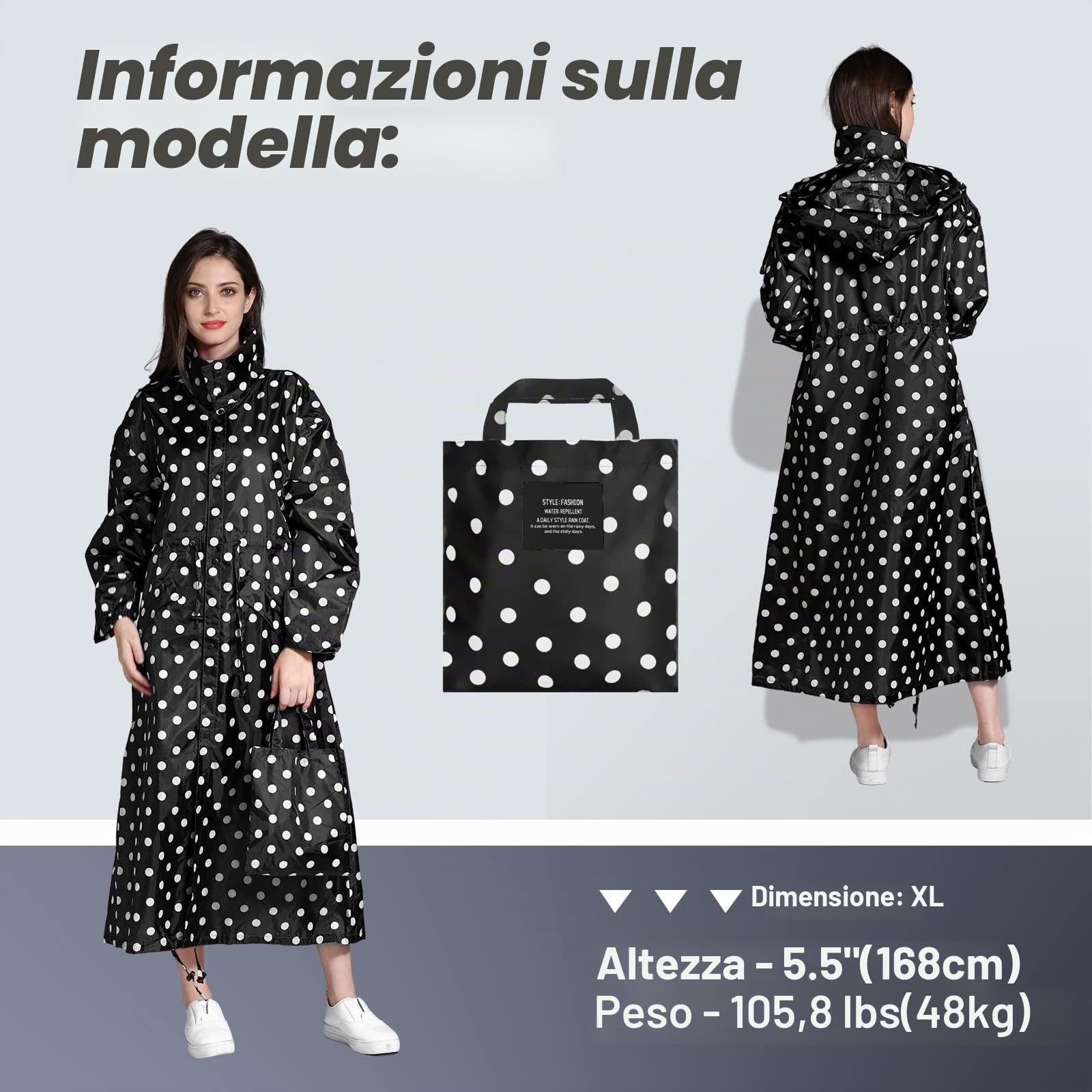 LAMA Poncho Antipioggia Donna XL Nero Puntini riutilizzabile