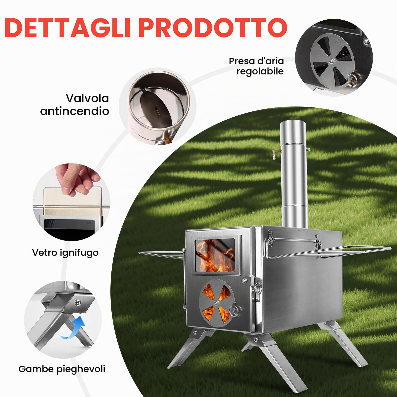 LAMA Stufa a Legna da Tenda Acciaio con Tubi Camino
