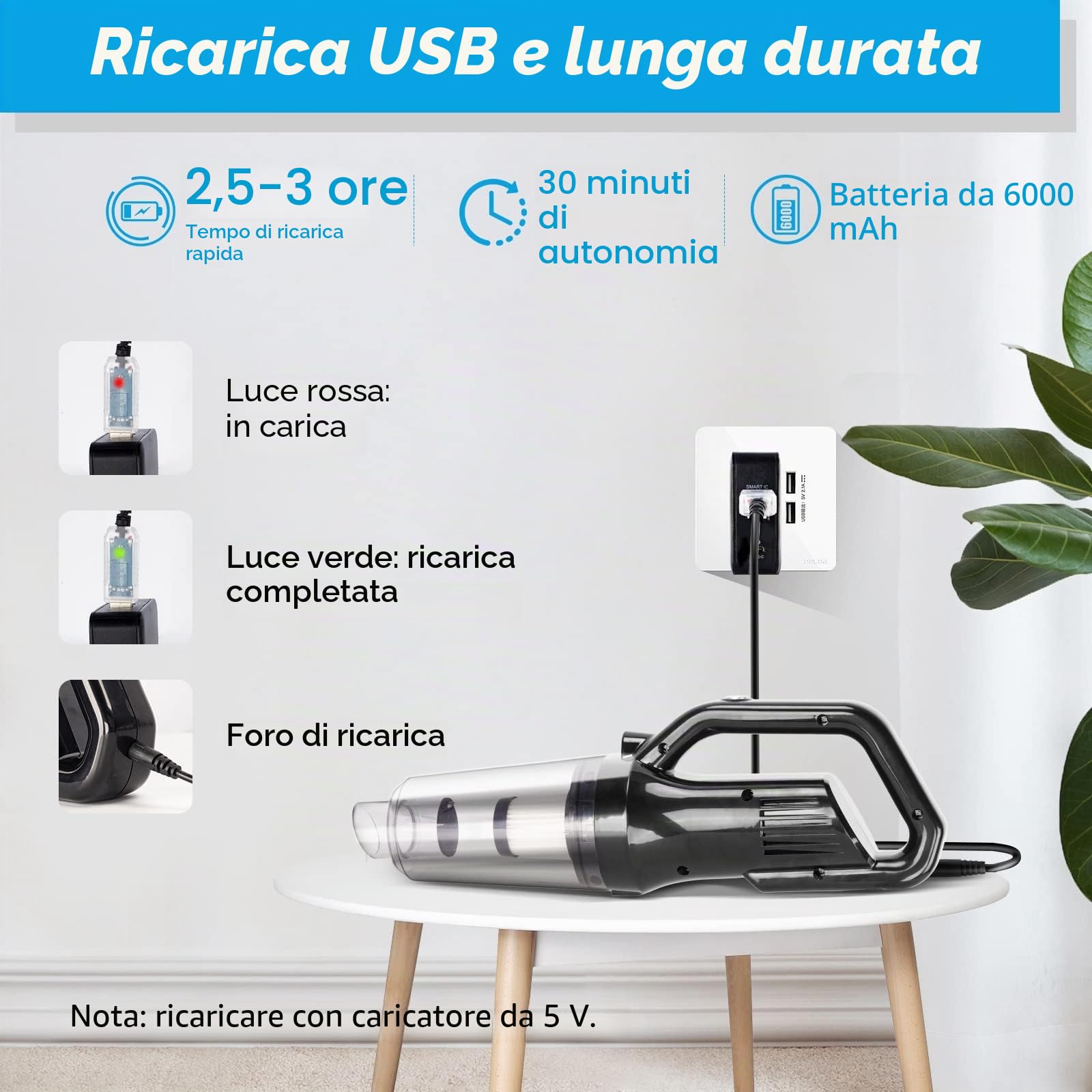 LAMA Aspirapolvere Auto Portatile Senza Fili 0,53 L LED