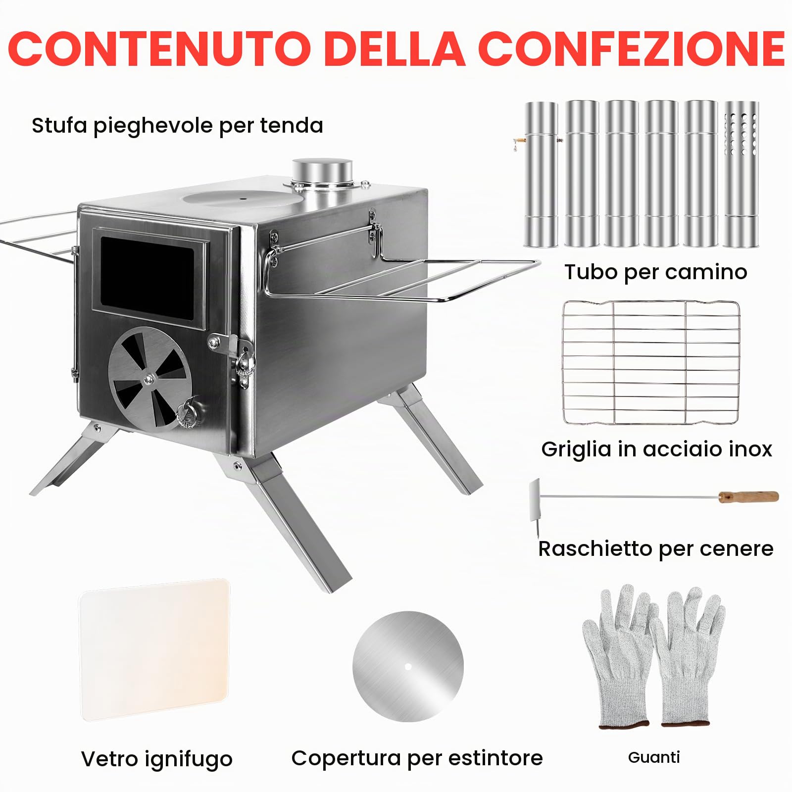 LAMA Stufa a Legna da Tenda Acciaio con Tubi Camino