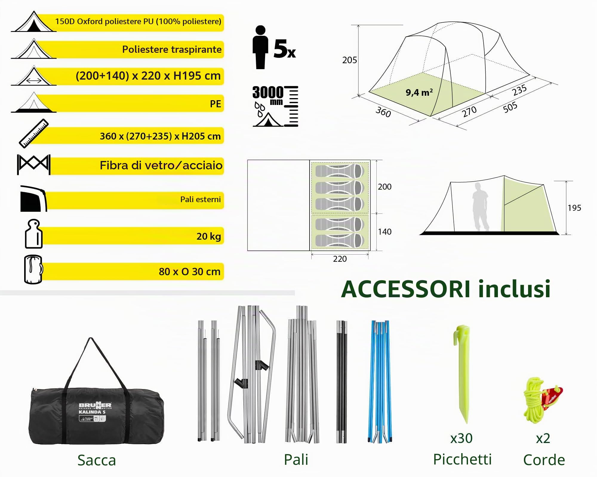 Brunner Kalynda 5 tenda familiare 5 posti con veranda