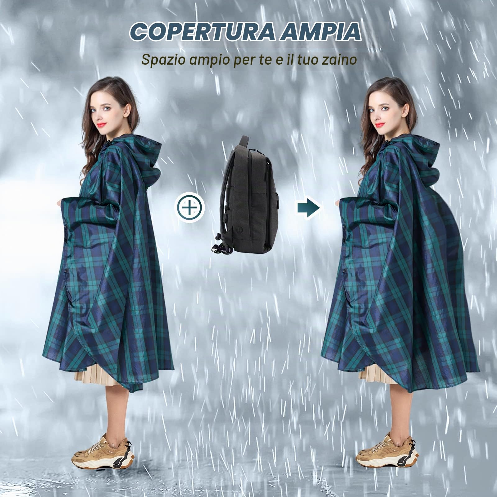 LAMA poncho antipioggia plaid verde con cappuccio