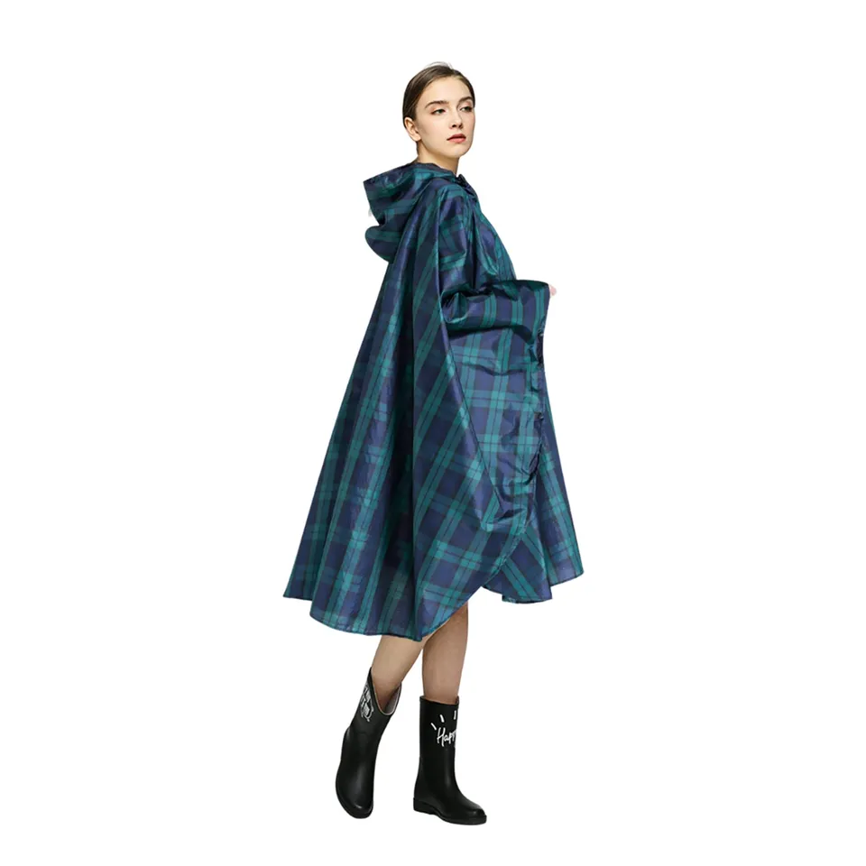 LAMA poncho antipioggia plaid verde con cappuccio