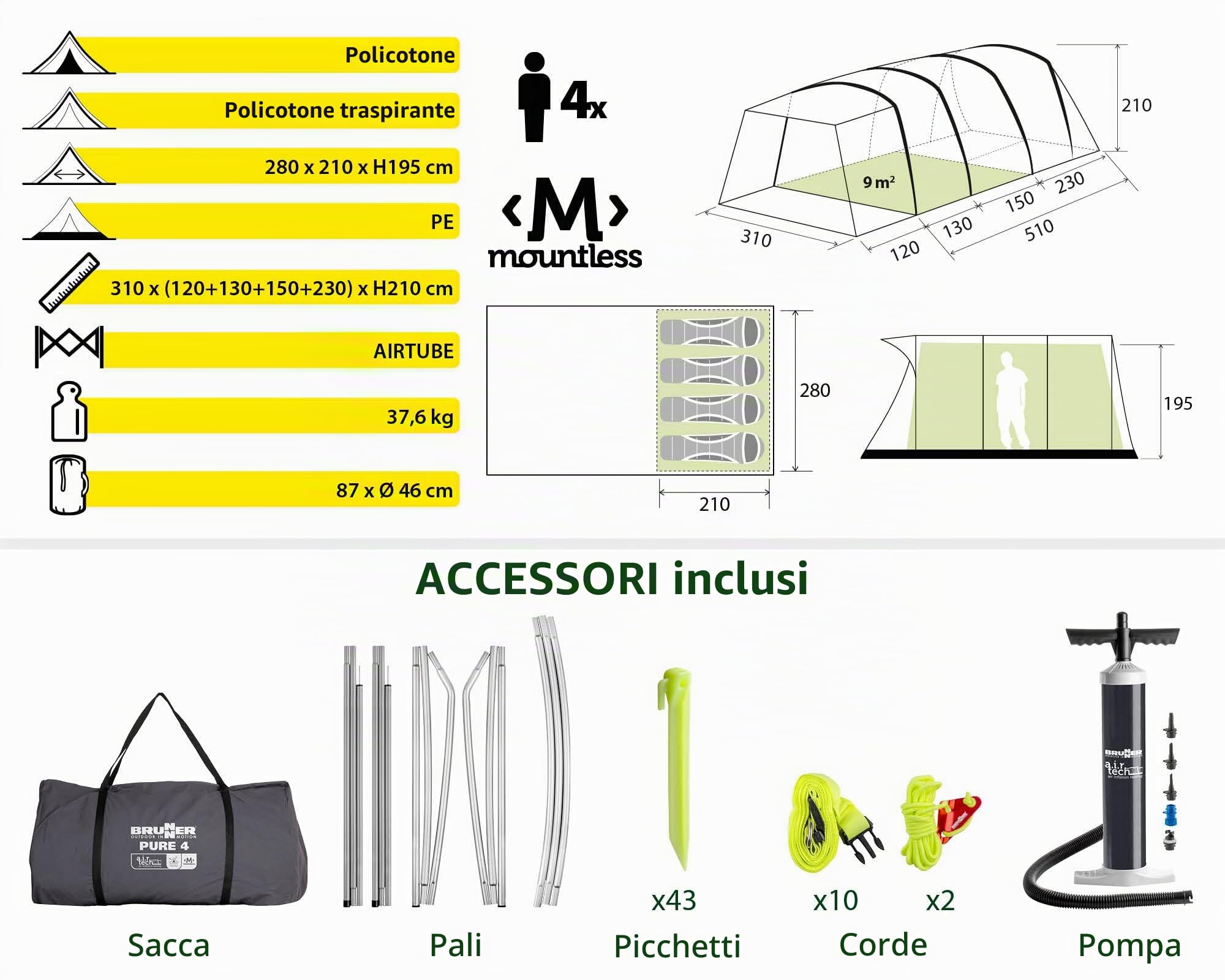 Brunner Pure 4 A.I.R. Tech tenda 4 posti policotone