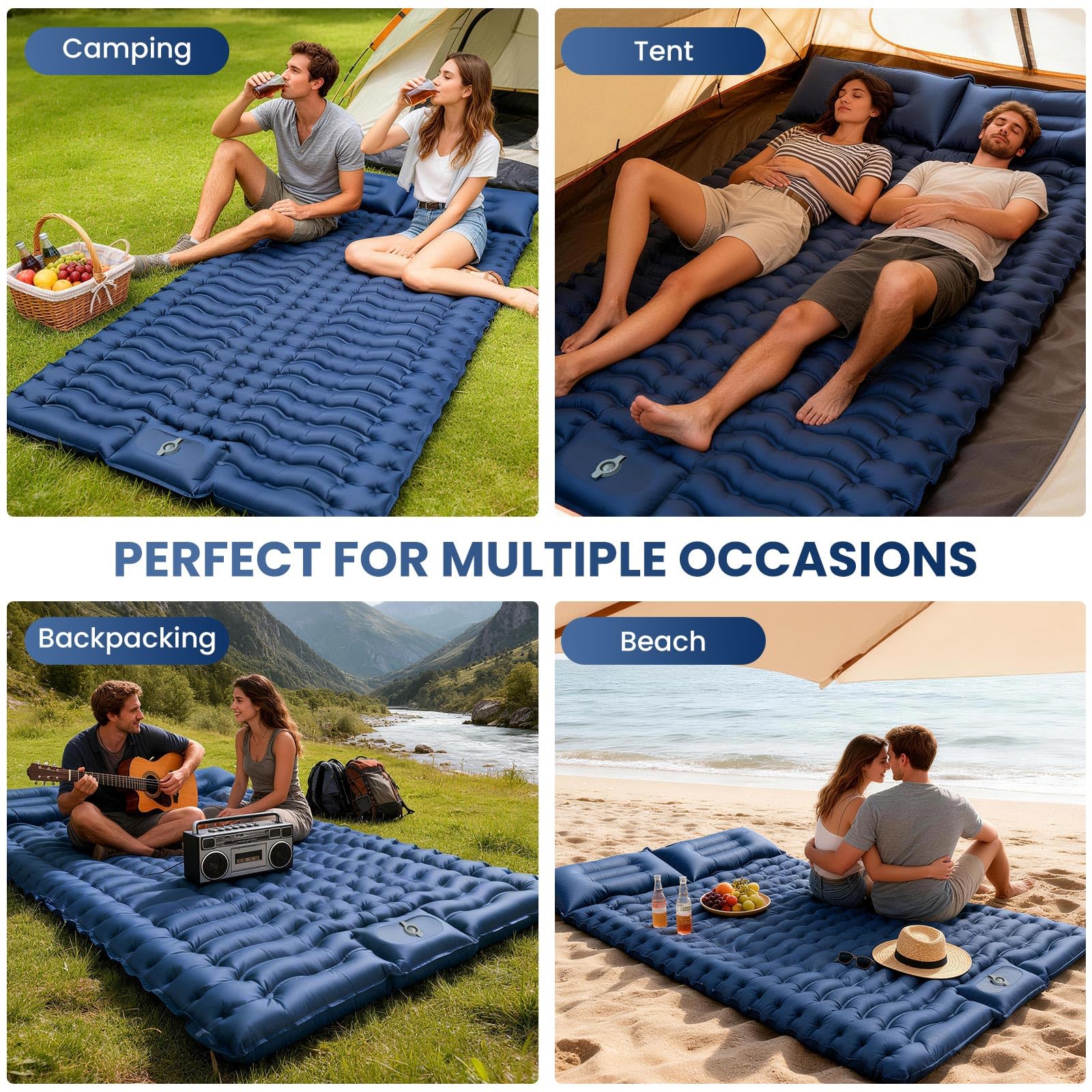 LAMA Doppio Materassino Campeggio Gonfiabile Blu Navy 195x125x10 cm