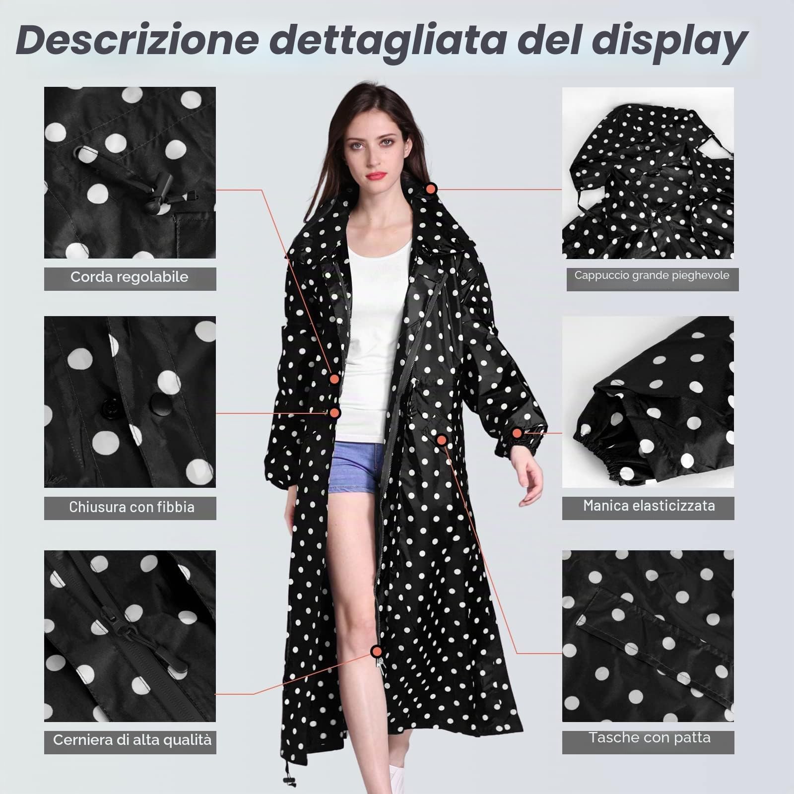 LAMA Poncho Antipioggia Donna XL Nero Puntini riutilizzabile